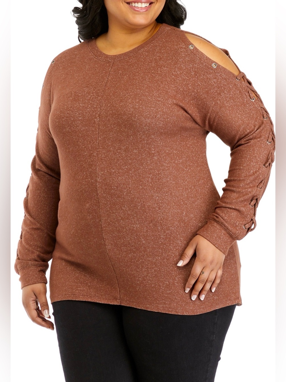 CHANCE OR FATE Plus-Size Cold-Shoulder Lace-Up Sweater in Rust.